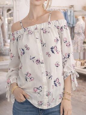 Floral Off-Shoulder White Pink Button-Front Women's Top